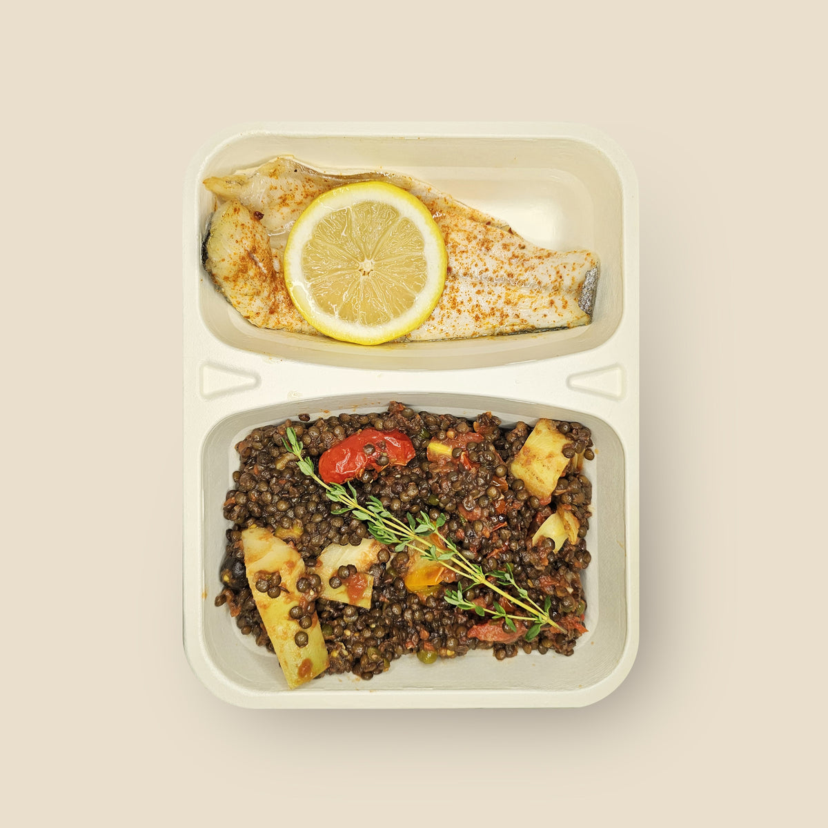 Lentil, Olives & Tomato Baked w/ Sea Bass