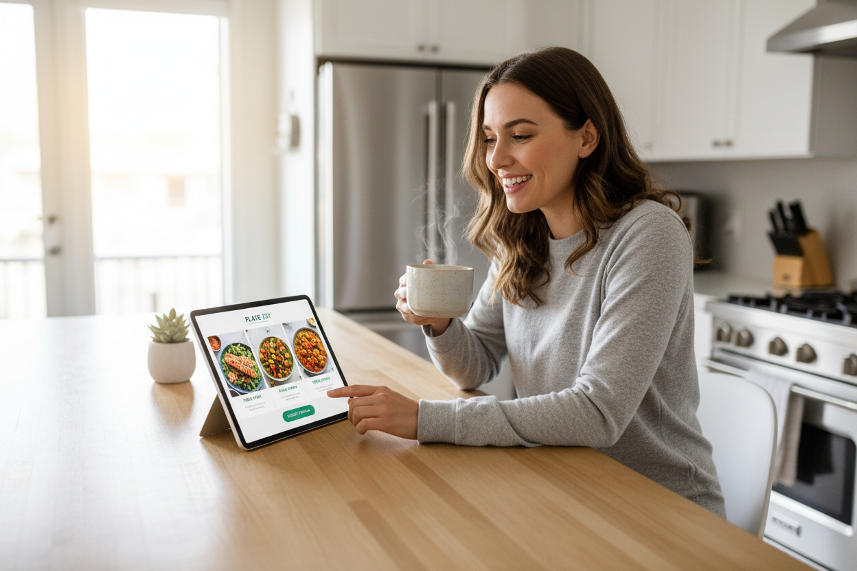 someone choosing a subscription package from 3Food website, happy to be sattled with easy and healthy meals 